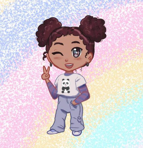 Toni D Avatar chibi art of Toni D with her two afro puffs, wearing a white shirt with a panda over a striped long-sleeve shirt, and jeans