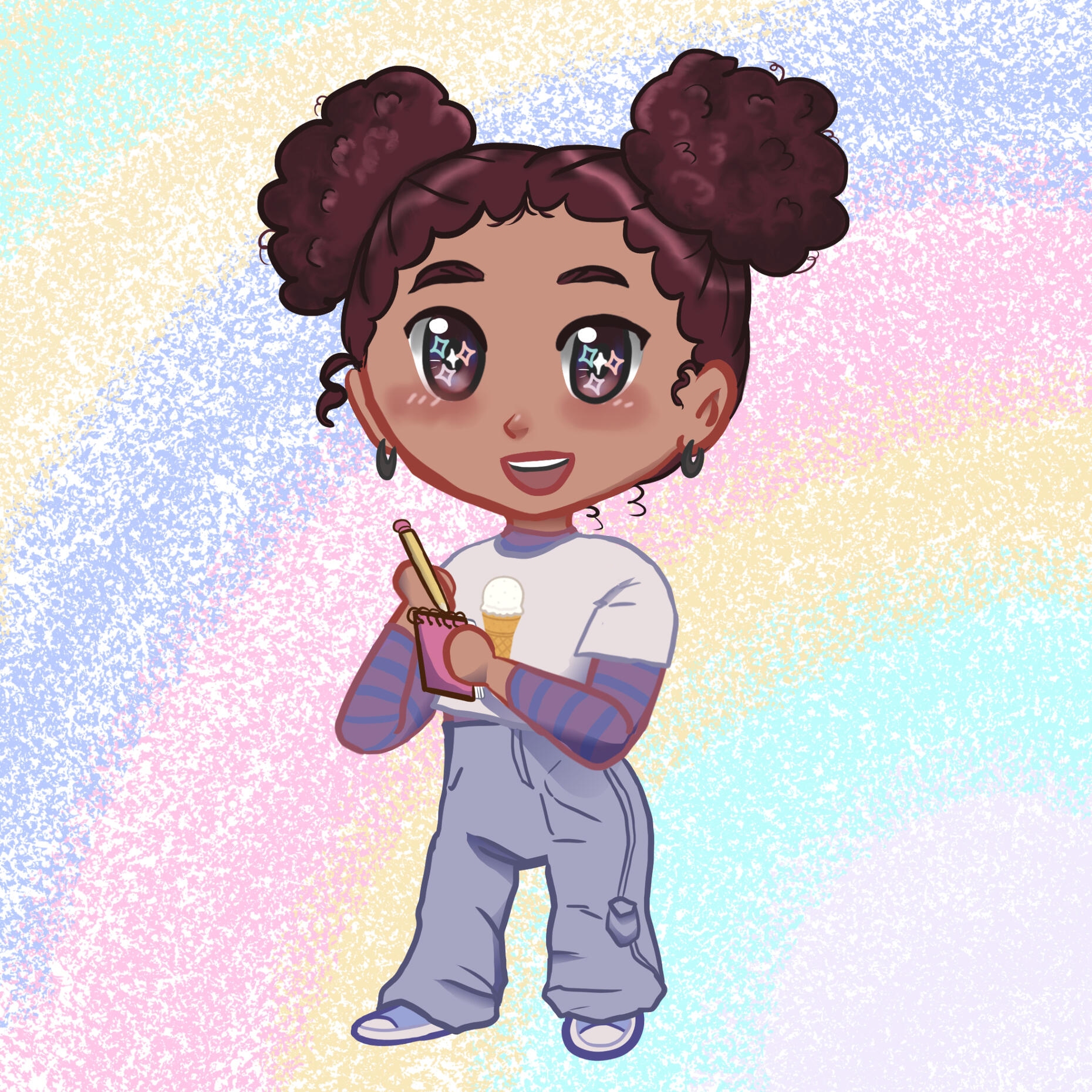 Writer Chibi art of me, Toni D, wearing light colored jean, a long sleeve striped shirt, with a white shirt over it that has a vanilla ice cream cone on it. Toni is holding a writing pad and pencil.